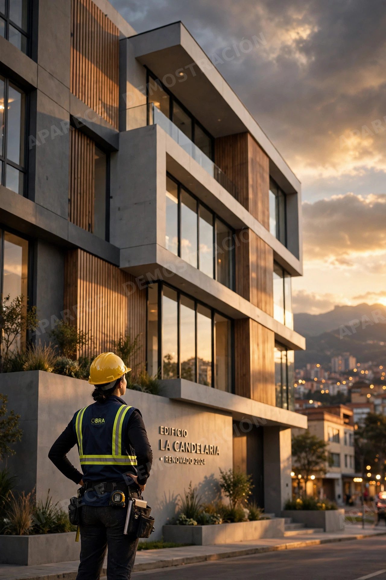 Fachada renovada en Bogotá a la luz dorada, con un profesional de obra mirándola